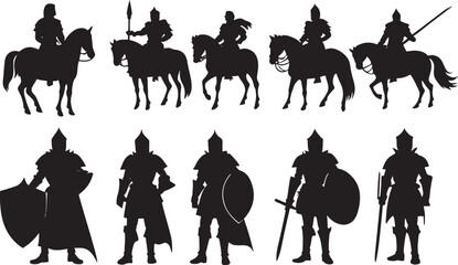 set of silhouette illustration of a knight