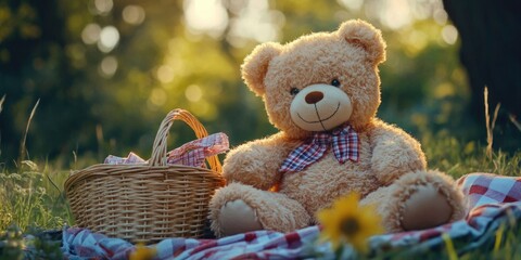 Cute Stuffed Bear and Basket in a Field of Flowers