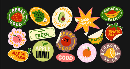 Groovy fruit stickers labels 90's style. Funky berries, summer lettering, bright shapes, vegetarian useful tags. Retro set of trendy doodle patches and stamps for packaging