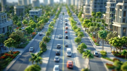 A highway lined with palm trees and modern buildings. This image showcases a peaceful, bustling city, ideal for travel, city life, or urban planning projects.