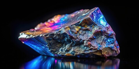 Sparkling niobium metal chunk with iridescent blue-gray sheen, exhibiting a crystalline structure, isolated on a black background with soft focus and subtle reflections.