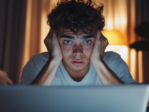 Young Man Concerned or Confused While Looking at Computer