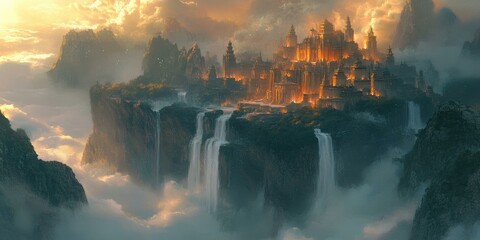 Golden city perched on cliffs with waterfalls.