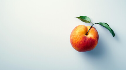 red peach with green leaf, isolated on background