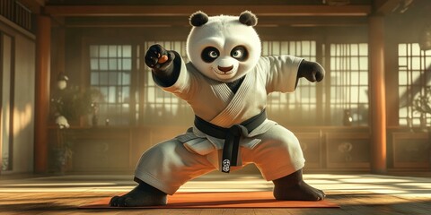 A panda in a karate stance, wearing a white gi.