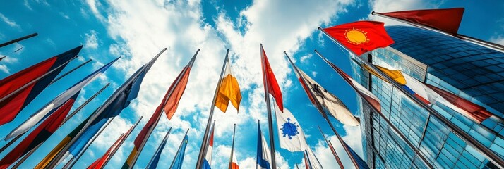 A display of various national flags against a blue sky, symbolizing unity and diversity.