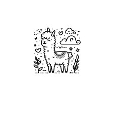 Obraz premium Hand-Drawn Llama Doodle Art Line Drawing in Black and White, Perfect for Modern Wall Art, Coloring Pages, and Creative Design Projects