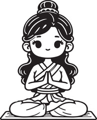 A cartoon style cute girl  meditation line art design  