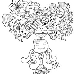 Joyful Black and White Cartoon Monsters Party with one minded by squid and overcrowded thought