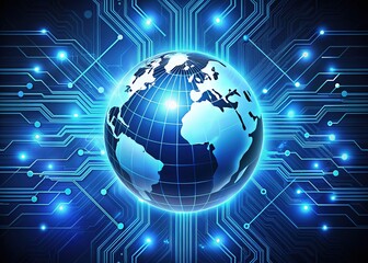 Stylized blue globe surrounded by glowing circuit lines and nodes, symbolizing a secure and efficient gateway to access and manage online information and services.