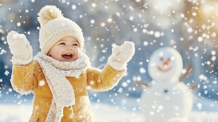 Joyful Toddler Laughing in Winter Wonderland with Snowman