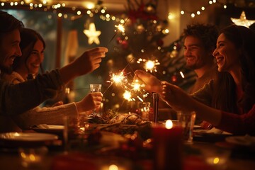 Naklejka premium Warm and joyful family gathering during the holiday season, featuring festive Christmas lights and sparklers. A cozy, cheerful atmosphere perfect for celebrating Christmas together.