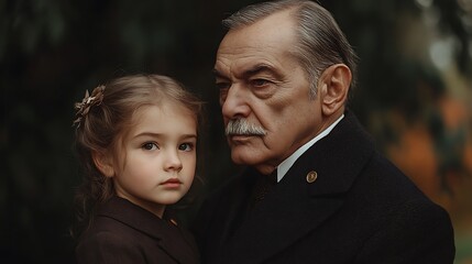 Fototapeta premium A young girl and her grandfather stand together, gazing into the distance.