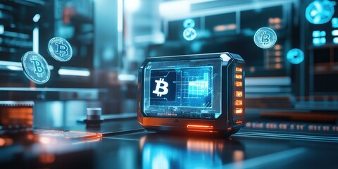 Naklejka premium Futuristic device displaying Bitcoin value.