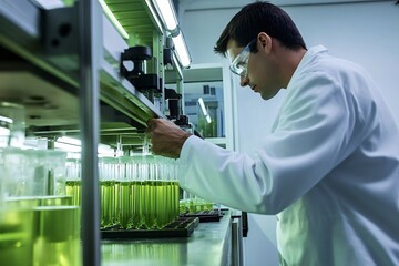 Scientist wearing a lab coat and safety glasses is working with test tubes containing green liquid in a modern laboratory setting
