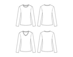 SEMI-FITTED Long Sleeve Women's T-Shirt Vector Technical Flats editable AI file