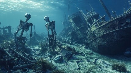 A mysterious underwater scene featuring two skeletons next to an ancient shipwreck, surrounded by aquatic elements.