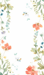 Obraz premium Watercolor floral border frame, pastel colors, white background, simple design. Flowers watercolor illustration. Watercolor painting with copy space in center. 