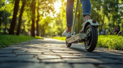 Naklejka premium Woman Riding Electric Scooter on Park Pathway in Sunny Weather