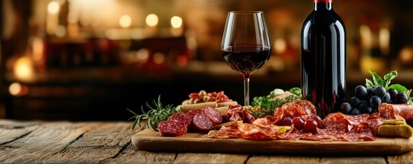 Rustic charcuterie board with red wine and assorted meats in cozy setting with grapes and herbs