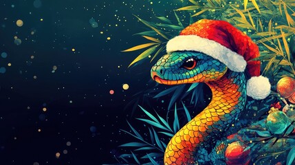 Obraz premium Festive Snake Wearing Santa Hat in Vibrant Holiday Scene - Unique Christmas Portrait
