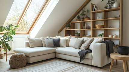 Bright and cozy living room featuring a sectional sofa and natural decor, bathed in sunlight from large windows in a modern home