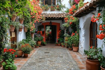 Fototapeta premium Typical andalusian patio overflowing with flowers leading to a lighted entrance