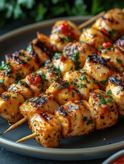 Grilled chicken skewers with red onion and bell peppers on a black plate