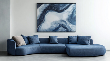 Modern blue sectional sofa in a minimalist living room with abstract wall art in a well-lit setting