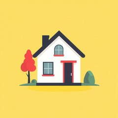 A charming house with a tree in front, against a yellow background