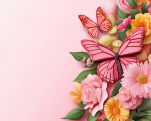 Pink Butterfly and Flowers on a Pink Background