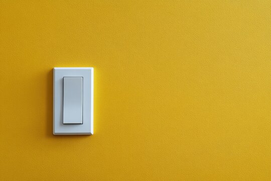White light switch on yellow wall. Perfect for home decor, interior design, and electrical concepts.