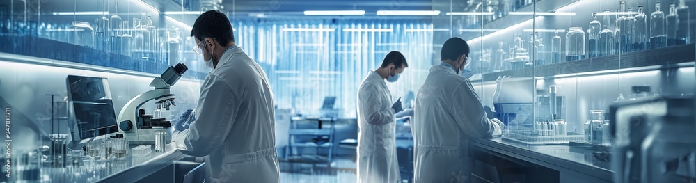Poster Researchers are conducting advanced experiments in a stateoftheart laboratory focused on scientific innovation and medical research within a controlled environment with cuttingedge technology