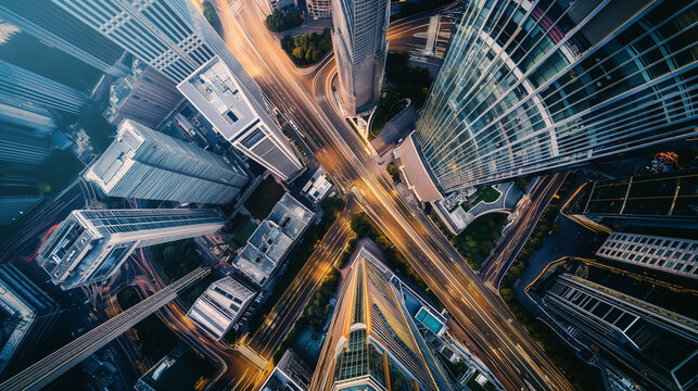 Aerial view of illuminated intersection surrounded by skyscrapers at dusk