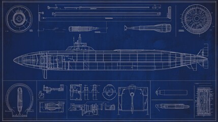 Obraz premium Submarine Blueprint Side View, Detailed Engineering Diagram, Naval Vessel, submarine, blueprint, engineering