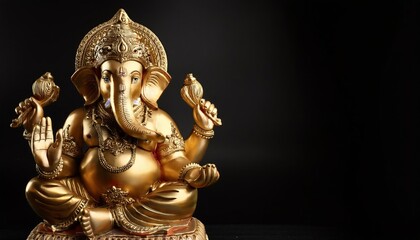Fototapeta premium Gold Ganesha in Sitting Pose on Dark Black Background