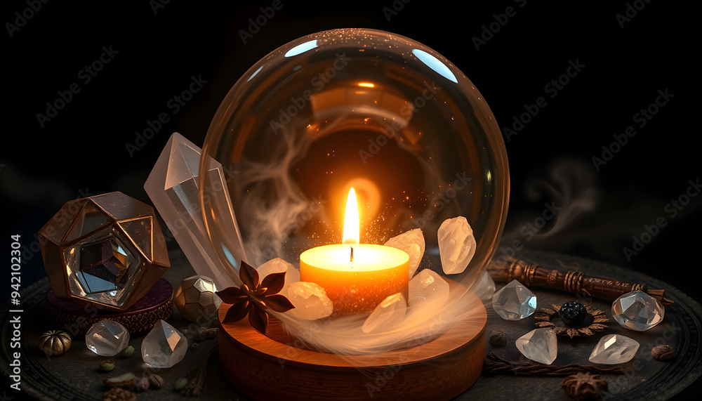 Wall mural divination panorama. a magic ball with a candle, crystals and herbs, top shot on a dark background i