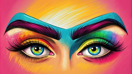 Vibrant, hand-drawn illustration of a stylish eyebrow with bold lines, colorful fills, and playful textures, perfect for beauty, fashion, and lifestyle designs.