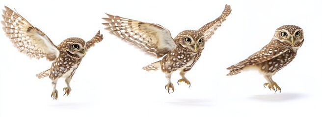 Fototapeta premium Three realistic little owls in different poses, against a white background.