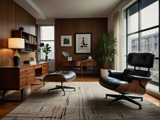 Mid-Century Modern Office with Iconic Furniture and Geometric Accents.