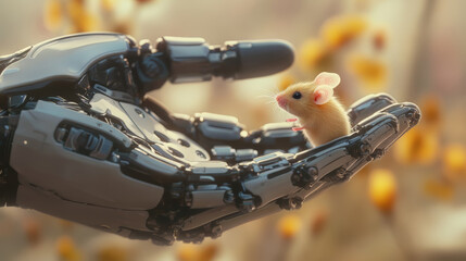A Gentle Touch of Technology: A robotic hand carefully cradles a delicate white mouse against a backdrop of blurred yellow flowers, symbolizing the intersection of nature and artificial intelligence. 