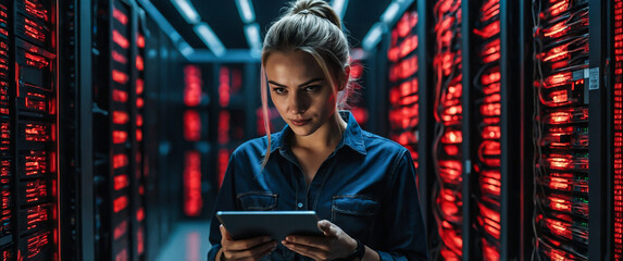 Obraz premium A woman checking a hacked server with a tablet, a programmer coding a server by a tablet in a red caution server room, and a software engineer testing a server of a supercomputer.