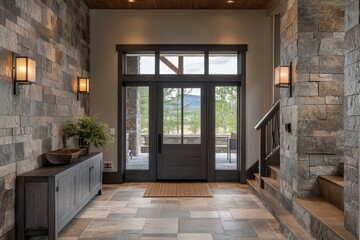 A spacious entrance with stone walls and a large door. This image is perfect for showcasing a welcoming and elegant home.