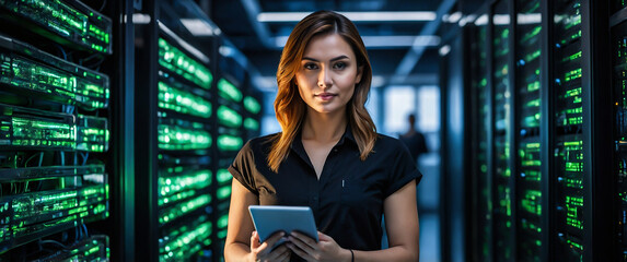 Fototapeta premium A woman checking a server with a tablet, a programmer coding a server by a tablet in a green server room, and a software engineer testing a server of a supercomputer.