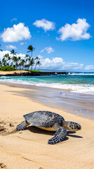 Sea turtle on sandy beach with ocean waves and palm-lined coast under a sunny blue sky