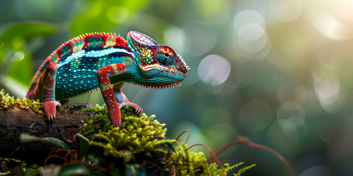 Colorful chameleon climbing on moss-covered branch in jungle