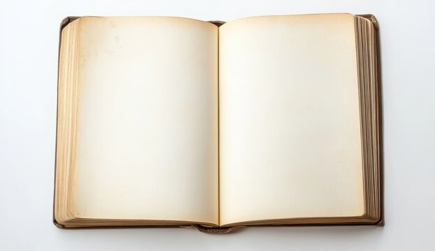 An open book with blank pages on a white background