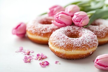Sugar-coated donuts with pink tulips. Perfect for bakery or breakfast themes.