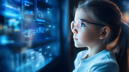 Future in Focus: Curious young girl engrossed in holographic data visualization, hinting at STEM education and technological advancement. 