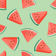 Juicy watermelon slices seamless pattern. Summer fruit flat vector illustration. Tropical fruit background for baby fabric, kids textile, packaging, wrapping, scrapbook, wallpaper.